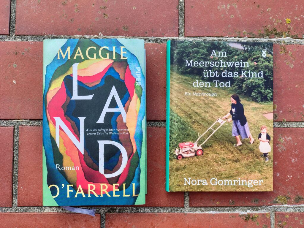 Zwei Bücher liegen auf einem backsteinroten Boden: "Land" von Maggie O'Farrell und "Am Meerschwein übt das Kind den Tod" von Nora Gomringer